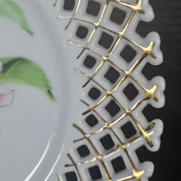 Made In Occupied Japan Decorative Rossetti Pink Floral Plate Lattice Edge - Picture 3 of 10